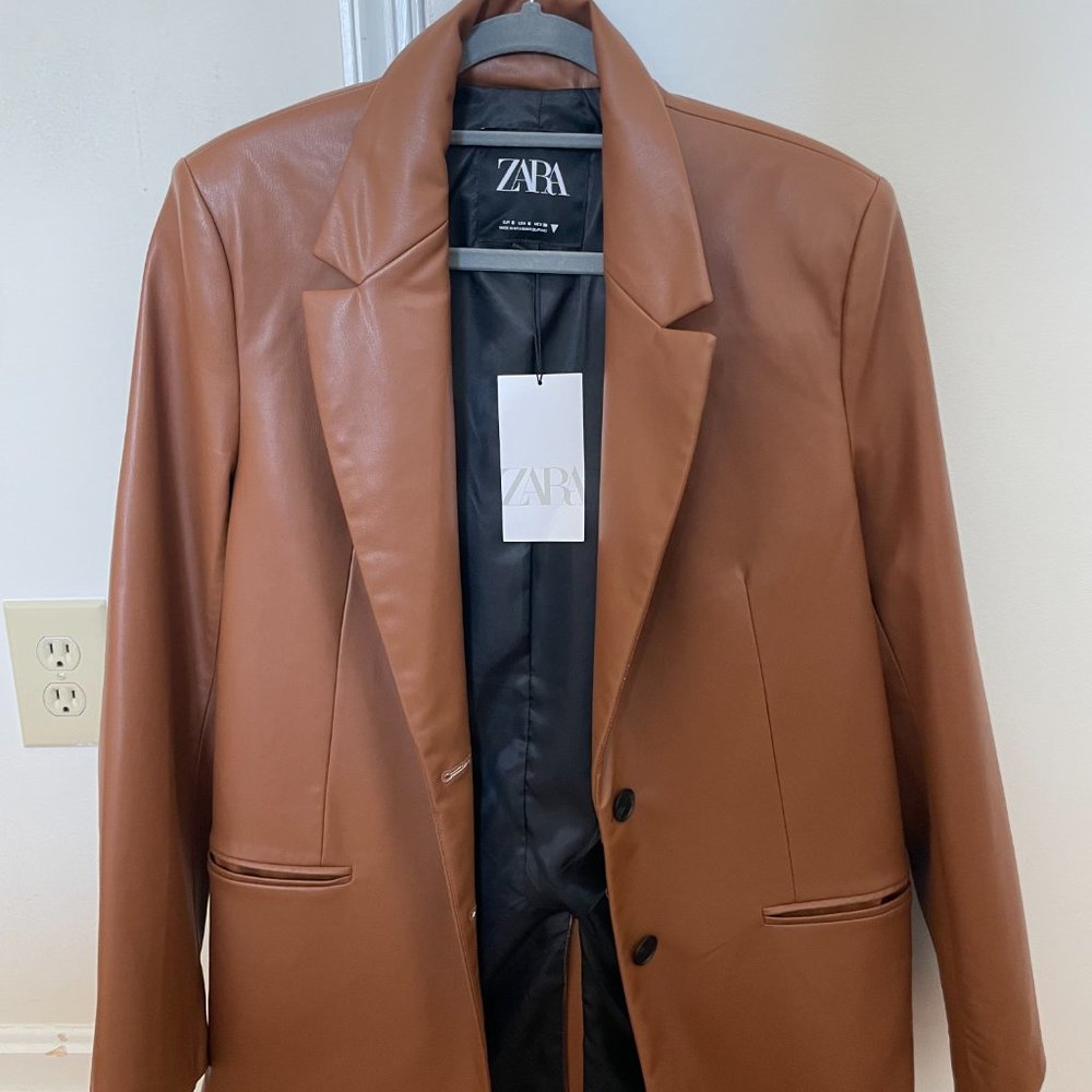 ZARA FAUX LEATHER OVERSIZED BLAZER Caramel